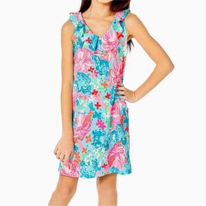 Lilly Pulitzer Mini Alessa Dress Girls XL 14 Surf Blue Luscious Lions Ruffle